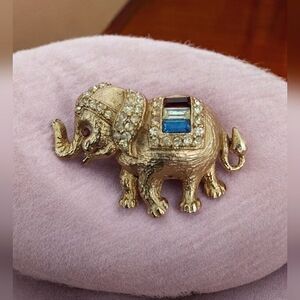 Vintage Gold-Tone Elephant Brooch with Rhinestones & Colored Baguette Accents
